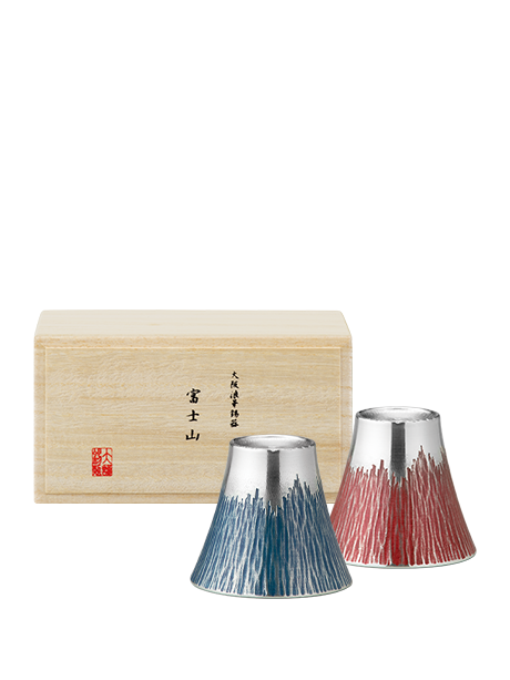 【Gravure】Paire de tasses à saké / petits gobelets des montagnes Fuji en bleu et vermillon